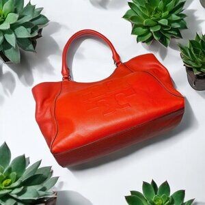 Tory Burch Red Pebble Leather Large Duel Handle Tote Bag